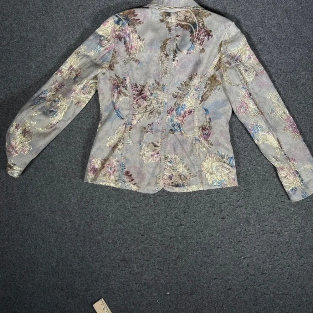 Chicos Brocade Blazer Jacket Size 0 Metallic Floral Tapestry Button‎ Front Grey